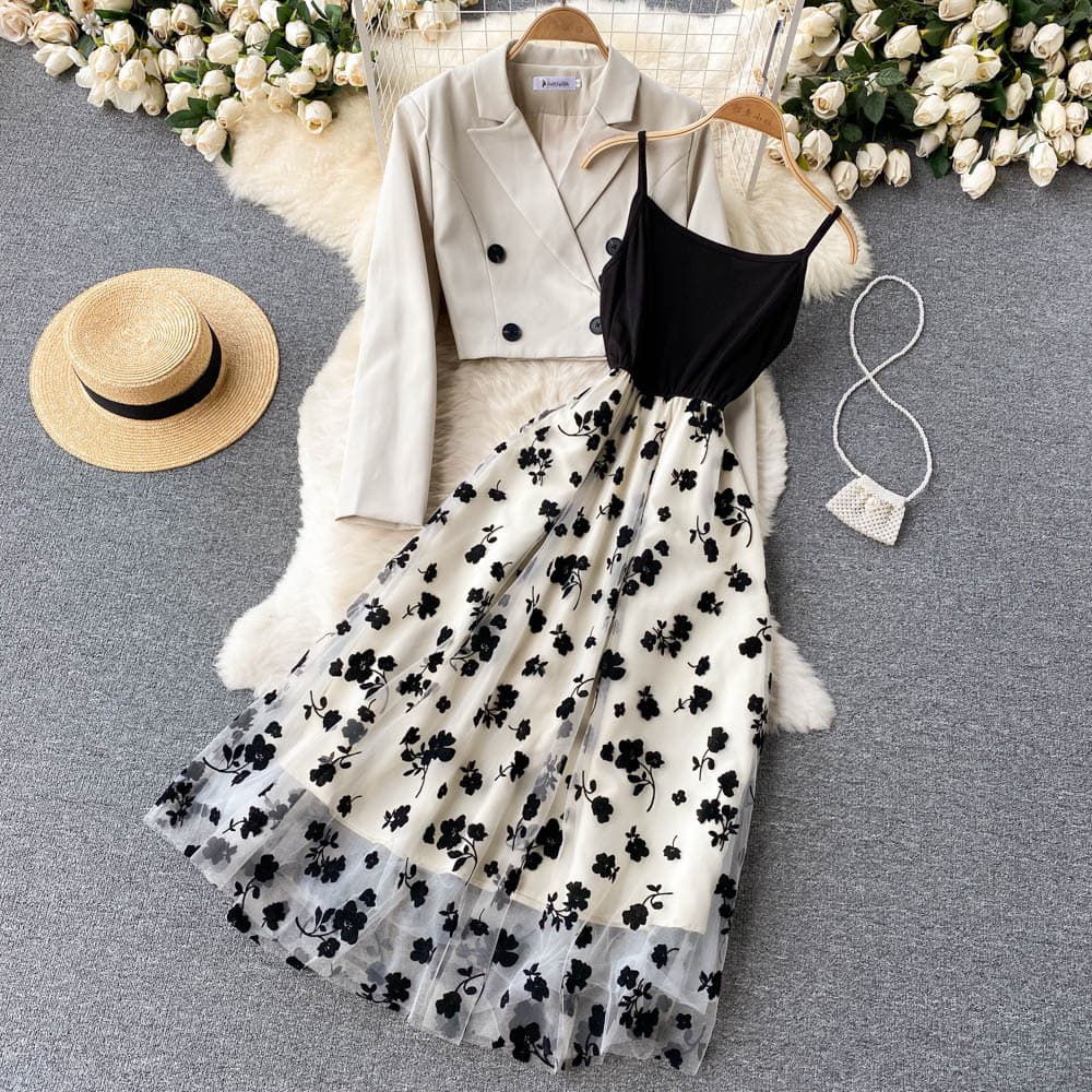 Women's high-end flocking mesh suspender dress stylish two-piece suit