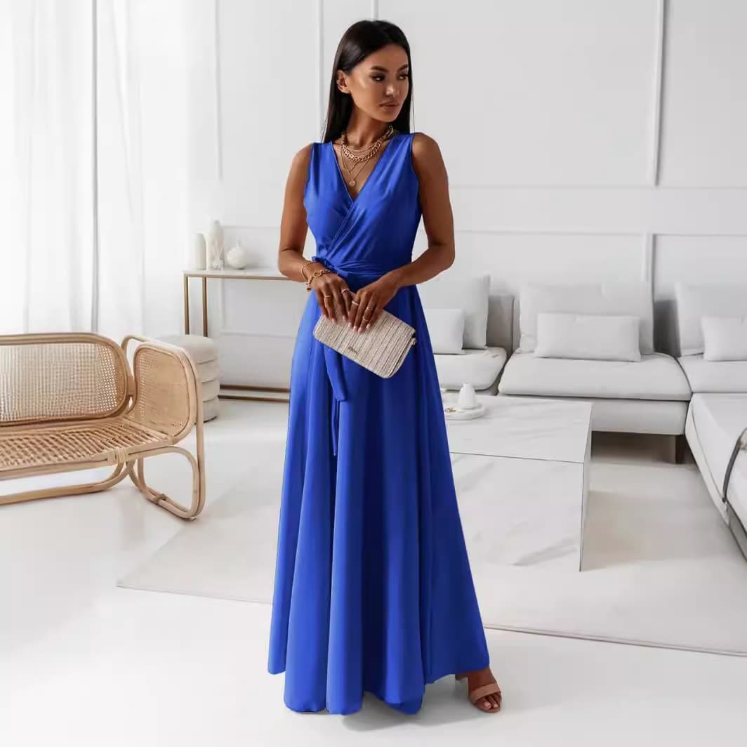 Women's Clothing Summer New Women's Clothing Solid Color V Neck Dress Long Dress