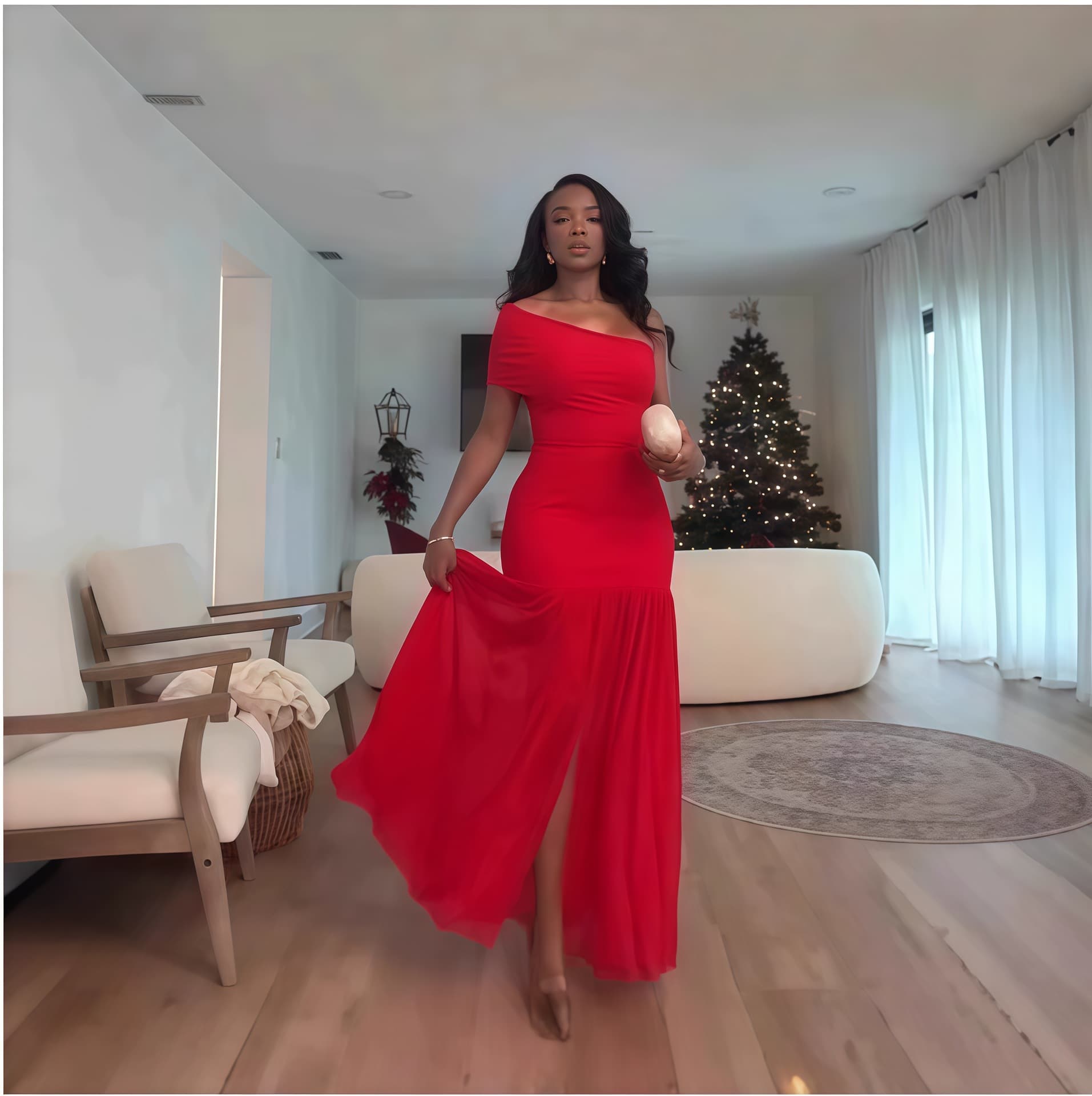 Women's Clothing Spring New Solid Color Sleeveless Oblique Collar Pleated Slim Fit Slit Long Dress