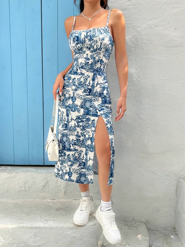 Women's Autumn High Slit Long Dress Leopard Print Small Daisy Pattern Suspender Wrap Chest Design Hip-Length Fashion Dress