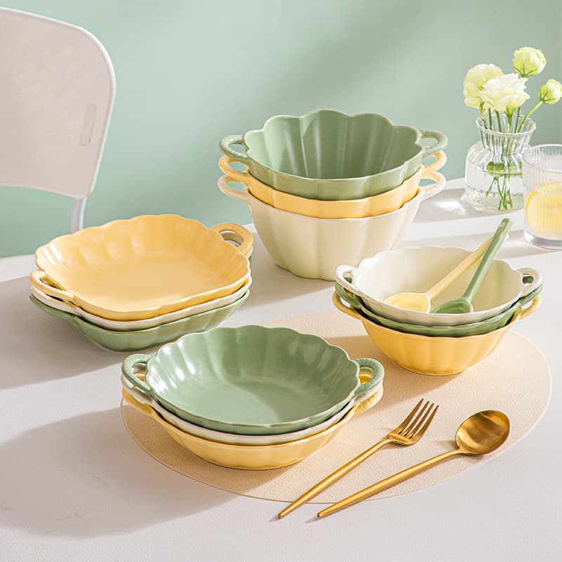 Minimalist Ceramic Serving Bowls & Plates Set – Creamy Pastel Dual-Handle Dishes (Microwave Safe, Gift Box)