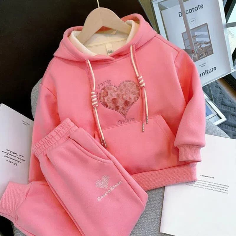 Mother & Kids 2024 New Children's Autumn And Winter Set Thick Girls Fashion Plus Velvet Love Girl Hoodie Two-Piece Set