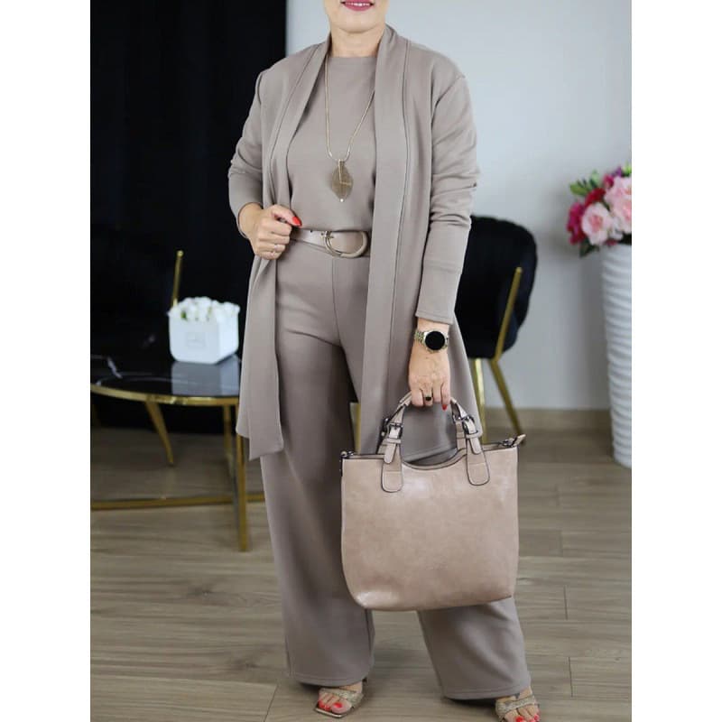 ​​Women's 3-Piece Outfit Set – Stylish Round Neck Top, Trousers & Mid-Length Coat (S-5XL, Multiple Colors)​​