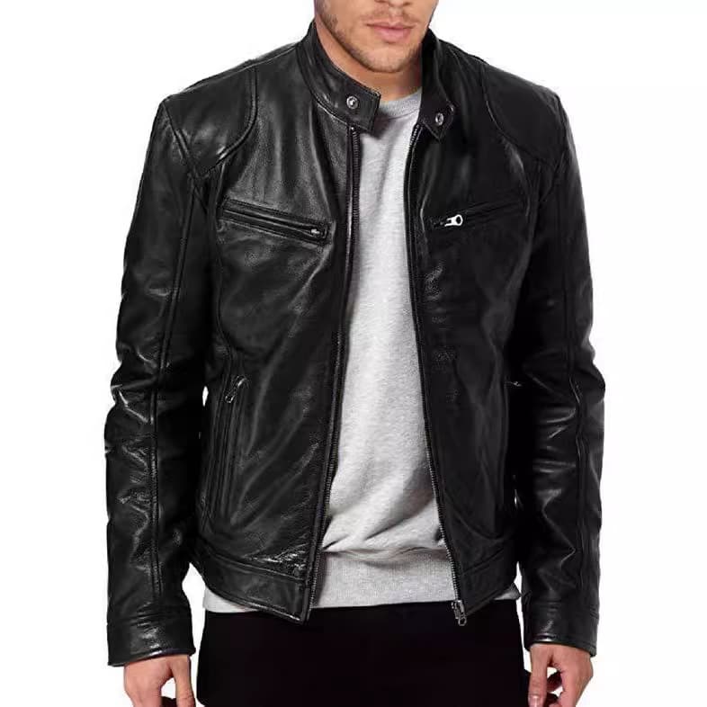Men's Clothing business gentleman warm zipper cardigan pocket decoration PU leather jacket stand collar slim leather jacket