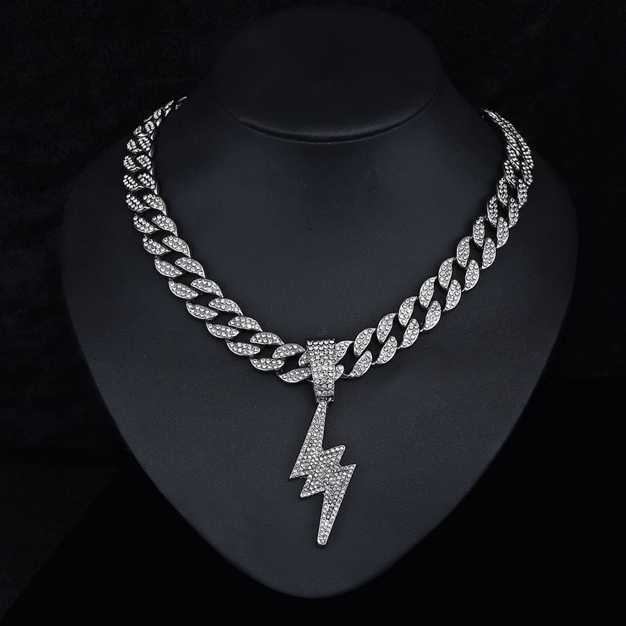 Unisex Trendy Men's Cool Full Diamond Lightning Pendant Necklace Hip Hop Style Street Dance Rap Wear Cuban Chain Alloy Pendant