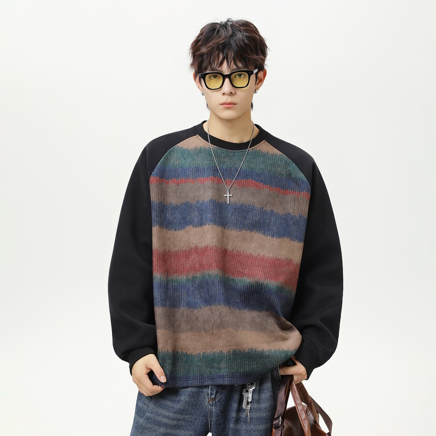 Nordmann American Retro Raglan Sleeve Crew Neck Sweatshirt Unisex Autumn New Trendy Brand Color-Block Gradient Pullover Top
