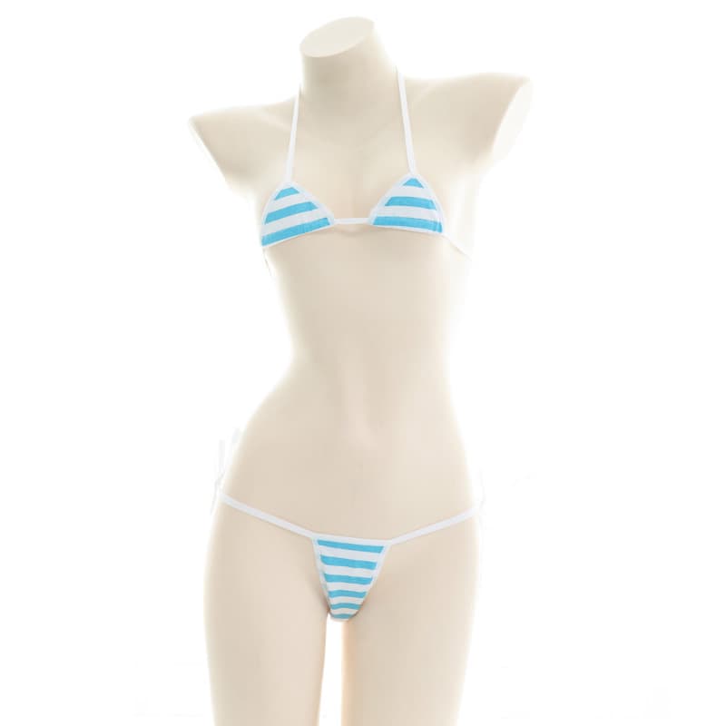 Sexy Bikini Set Women Underwear Pink Blue Stripe Cute Lingerie Micro Bikinis Swimwear Japanese Schoolgirl Anime Cosplay