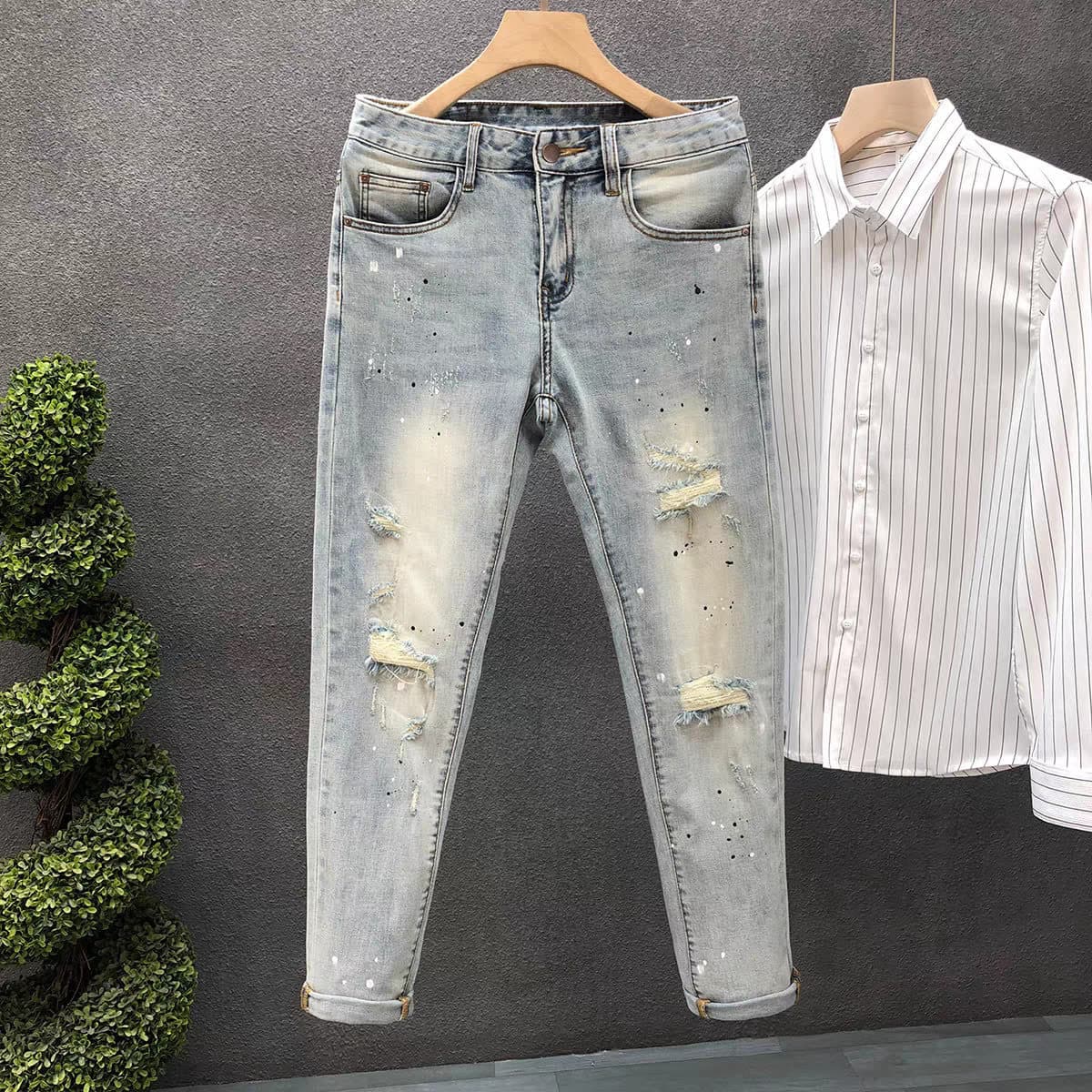 Men's Clothing Ripped Jeans Men's Trendy Brand Fashion Slim Fitting Beggar Pants Trendy Korean Style Stretch Fashion Casual Pants Men