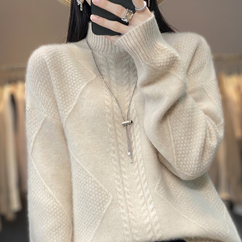 Oversized Chunky Knit Sweater Women - Soft Semi-Turtle Neck Pullover With Crochet Details (One Size Fits Most)​