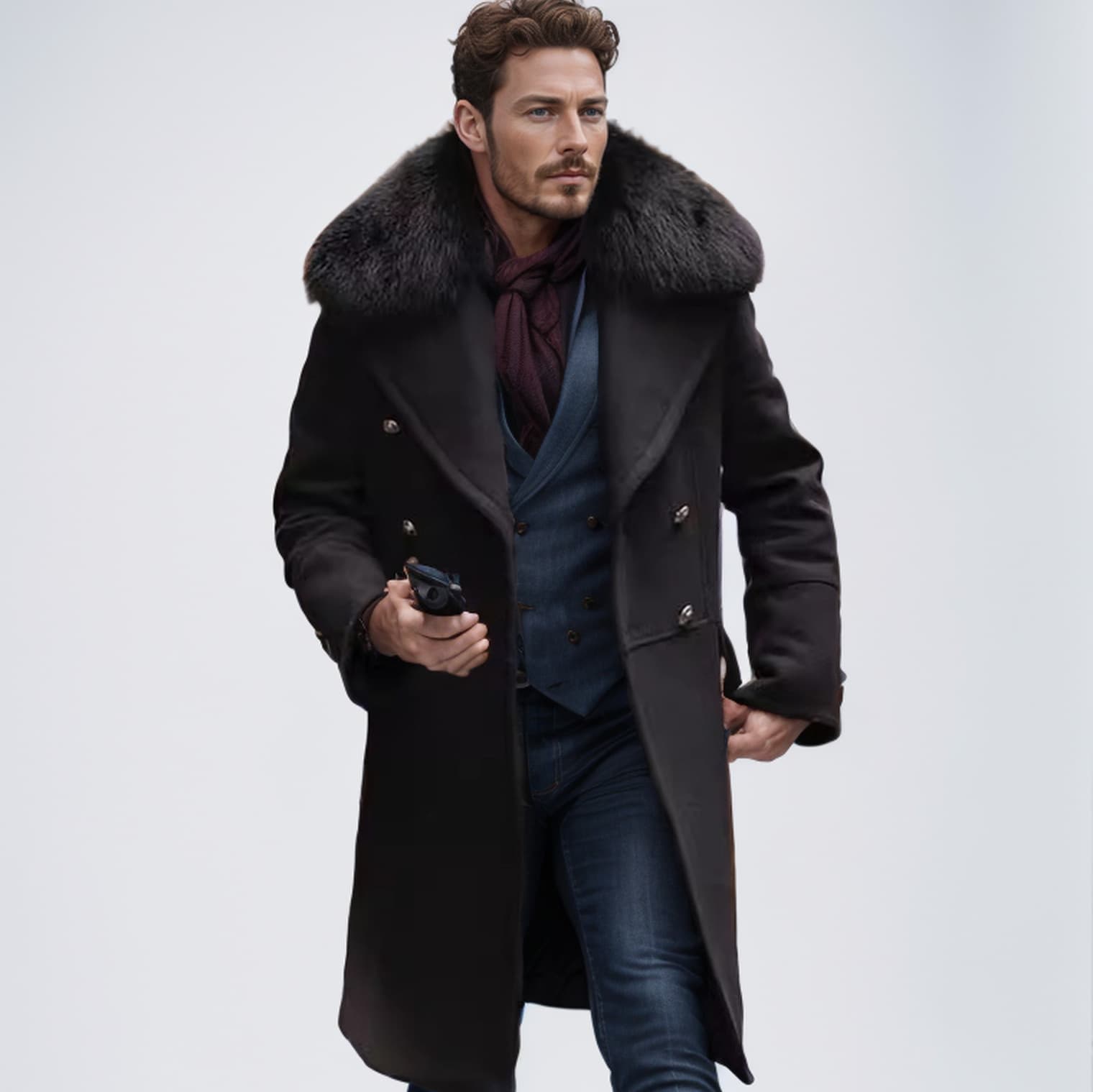 Men's Clothing Casual High Quality Fur Collar Woolen Coat Solid Color Slim Fit Double Breasted Coat