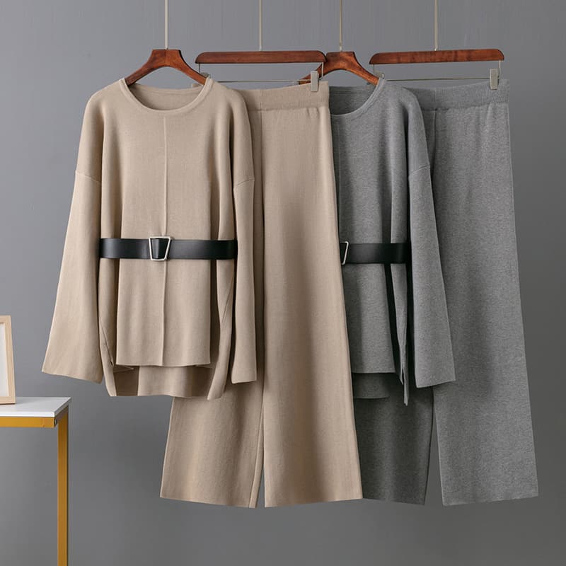 Women's Clothing "Women's Knit Wide Leg Pants & Belted Sweater Set - Loose Fit Casual Outfit For Spring Autumn (Black, Orange, Khaki, Gray, One Size)"
