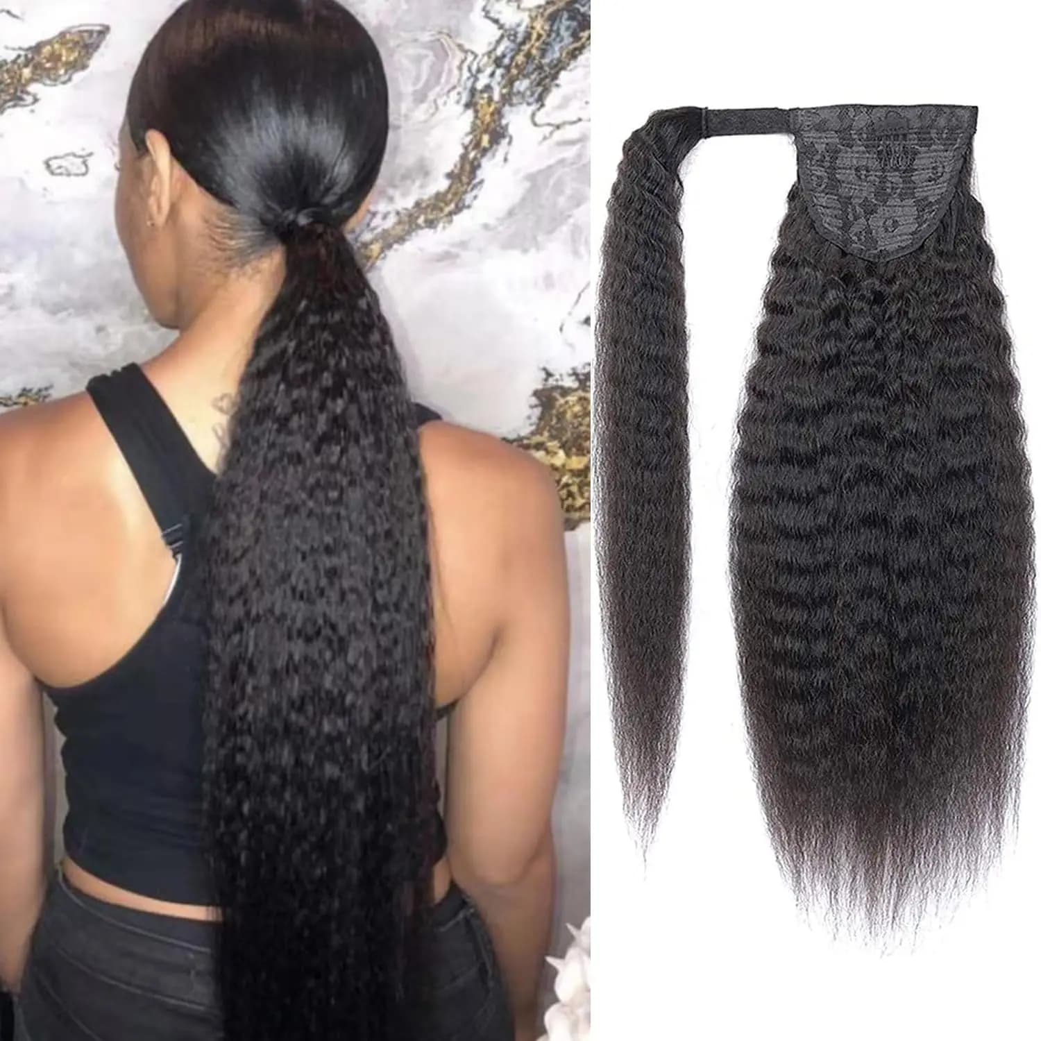 Kinky Straight Human Hair Ponytail Extension Yaki Straight for Women Wrap Around Natural Black Color