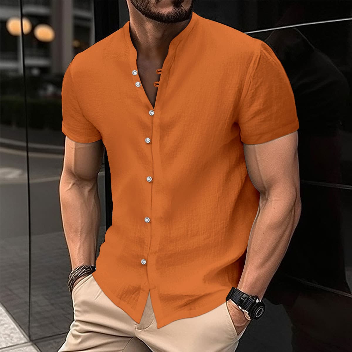 Ins Summer Cotton Linen Standing Collar Men's Casual Shirt
