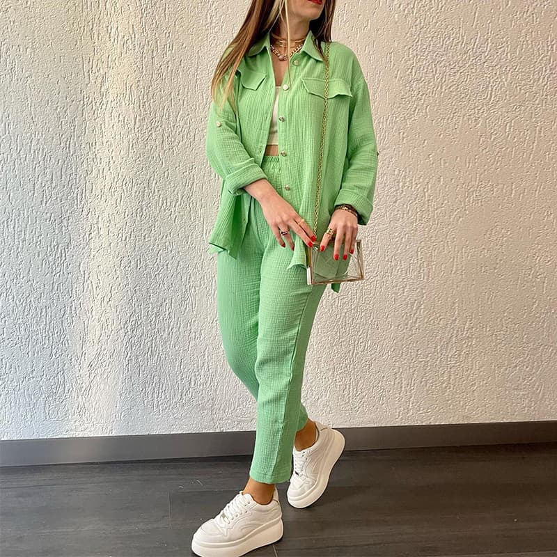 Plus Size Women's Clothing Double-layer Crepe Loose Large Size Lapel Long-sleeved Shirt Casual Suit