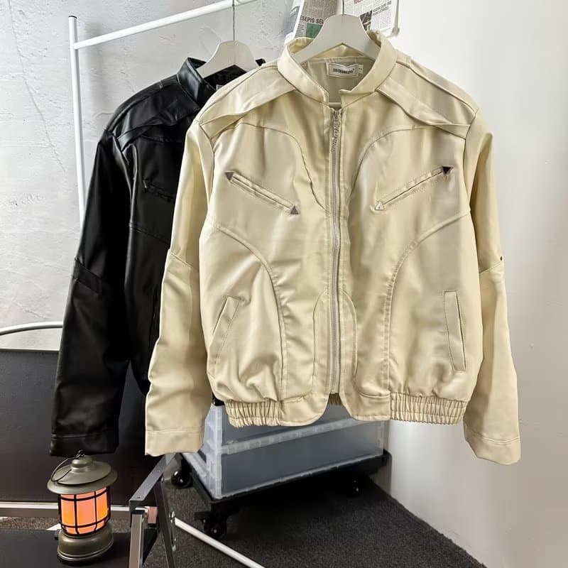 Men's Street Fashion PU Leather Jacket - Loose Fit Biker Style Pilot Coat, Trendy High-End Look (Black/White, M-3XL)