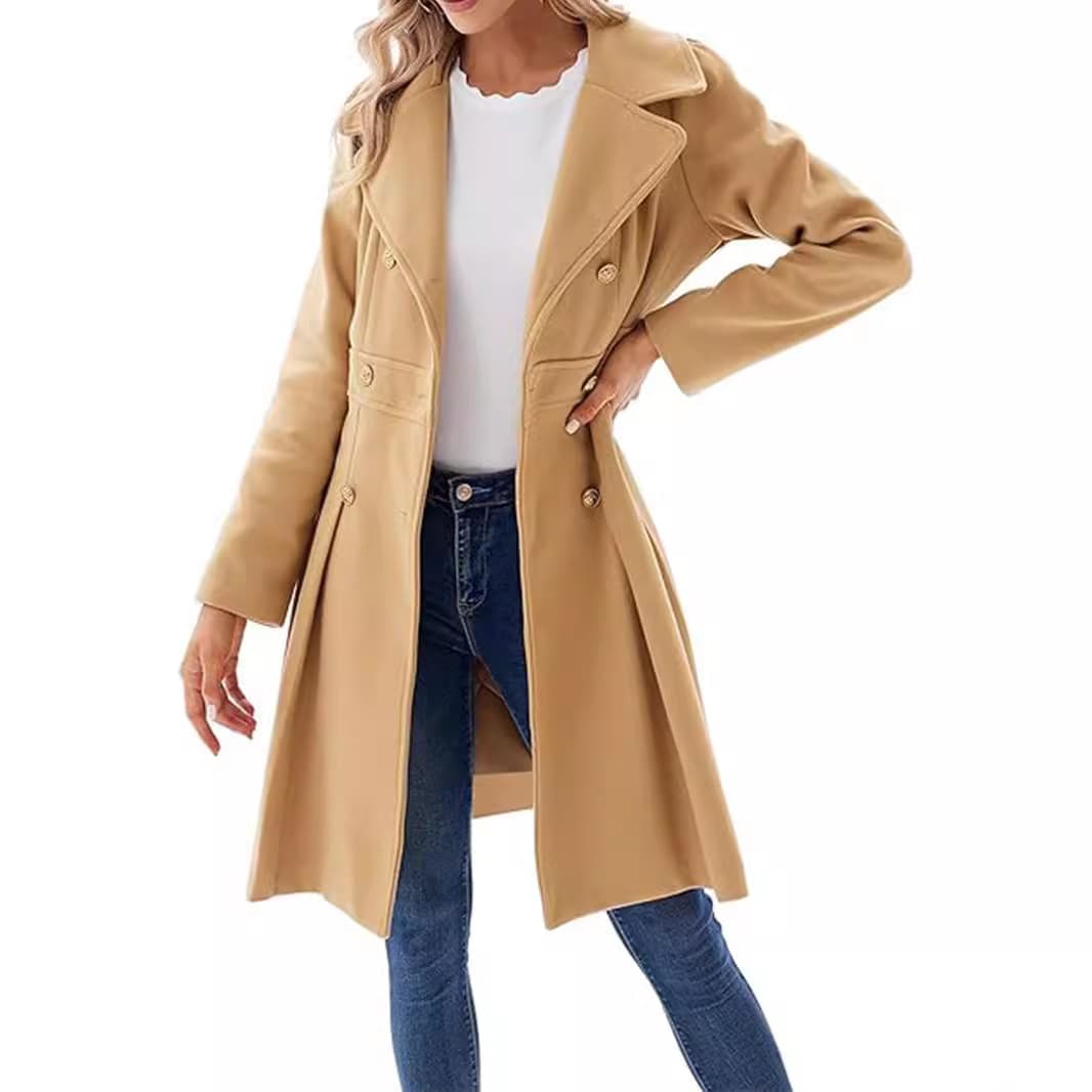 Women's Clothing Double-Breasted Pea Coat – A-Line Trench Coat With Notch Lapel & Pockets