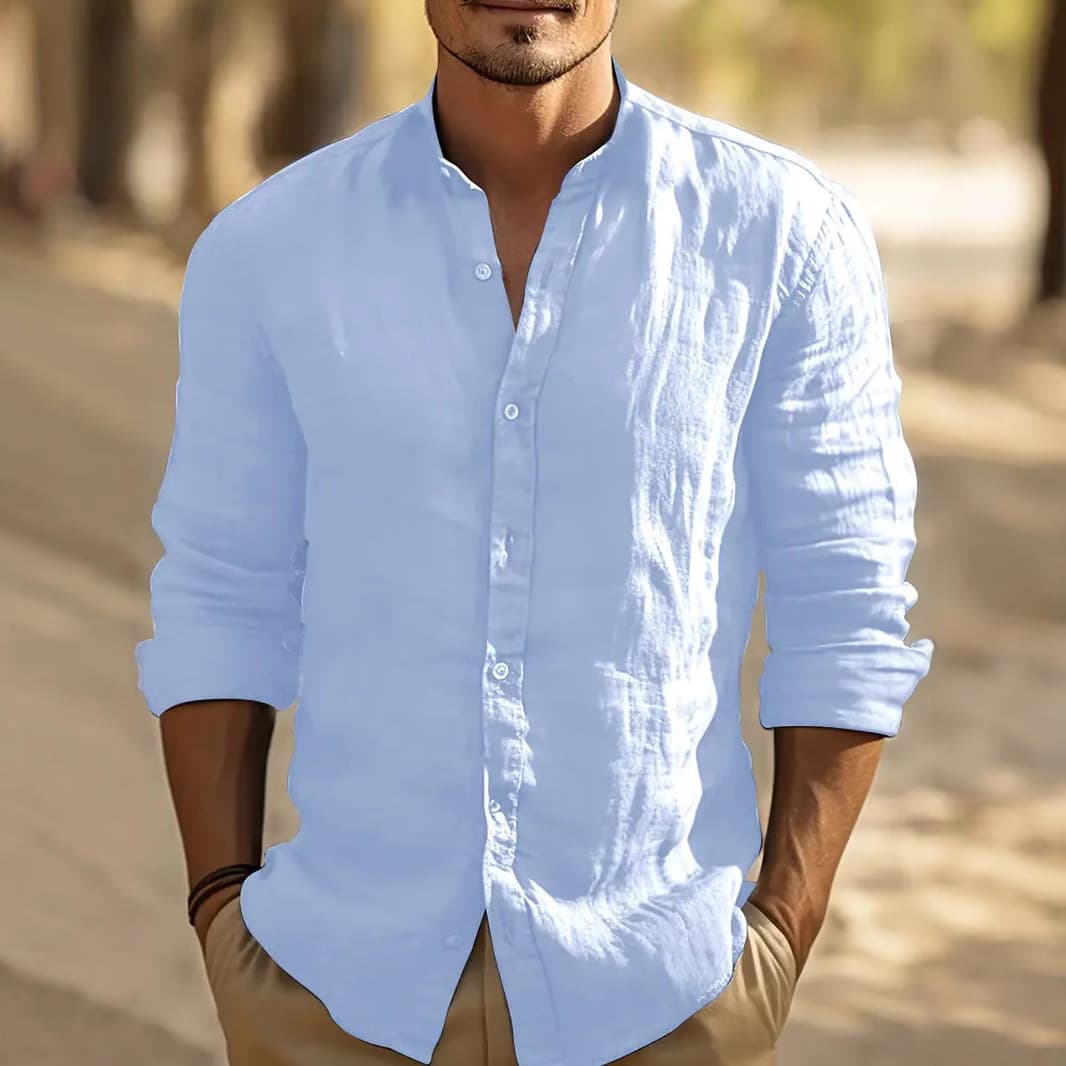 Men's Clothing Long Sleeved Light Mature Casual Solid Color Stand Up Collar Button Down Casual Shirt