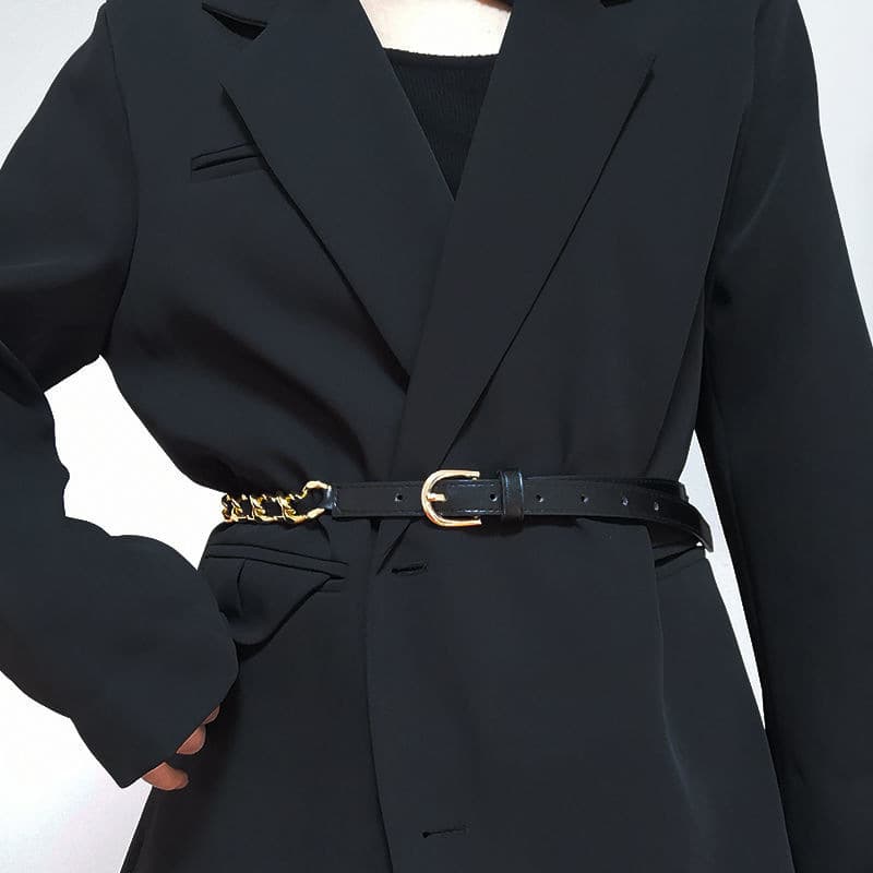 Minimalist women's metal belt woven PU splicing belt, punk style versatile, minimalist chain waist decoration