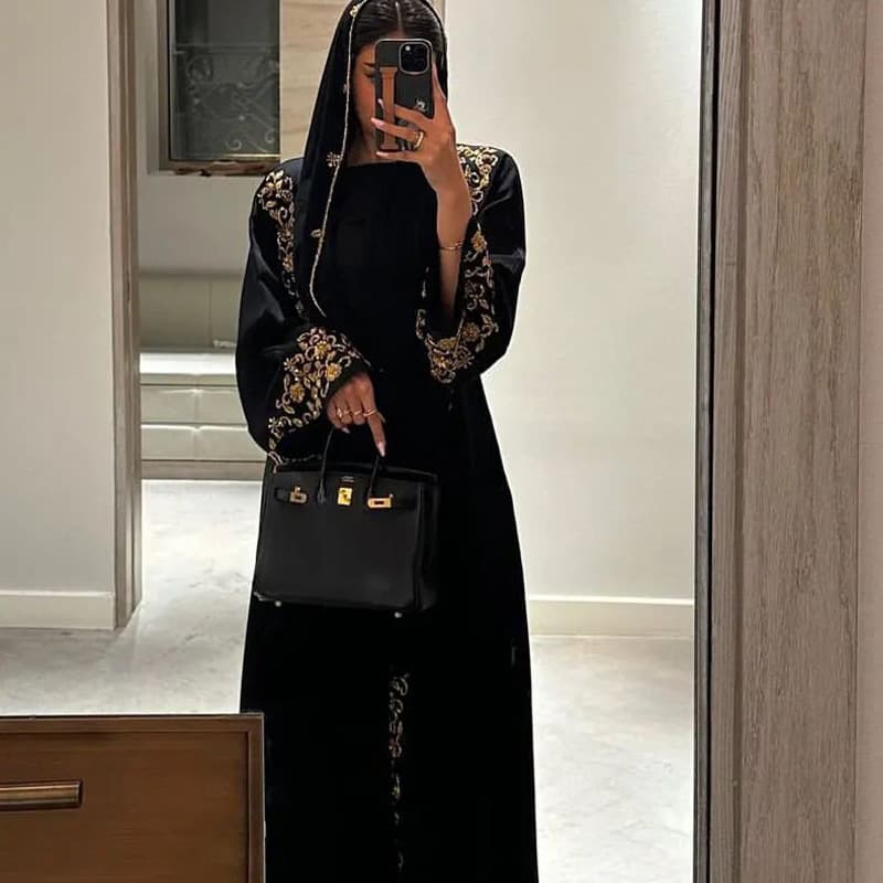 Muslim Women's High-end Banquet Dubai Advanced Long Sleeve Dress With Rhinestones Black Robe