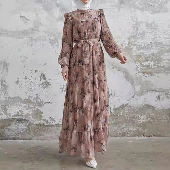 Women's Clothing chiffon pleated flower long with belt fashionable and elegant new dress