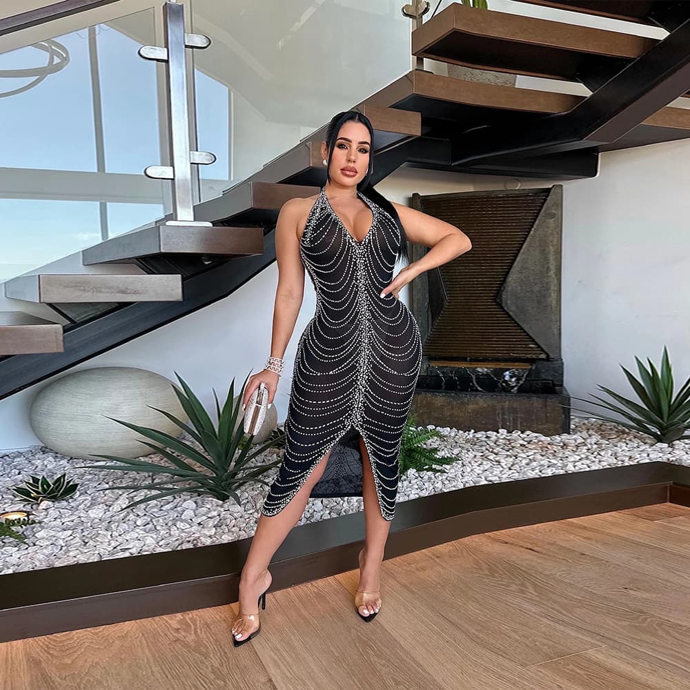 Women's Clothing High End Hot Diamond Sexy Backless Tight Slit Dress