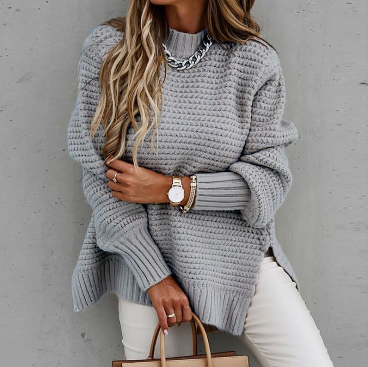 Women's semi-turtleneck loose solid color long sleeve thick needle side slit knit sweater