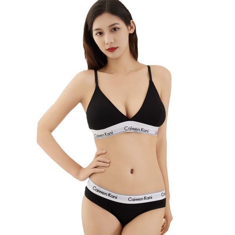 Japanese-Style Wireless Bralette & Panty Set – Cotton Triangle Bralette With Light Support & Matching Briefs For Women & Teens (S-2XL) – Black/Grey​