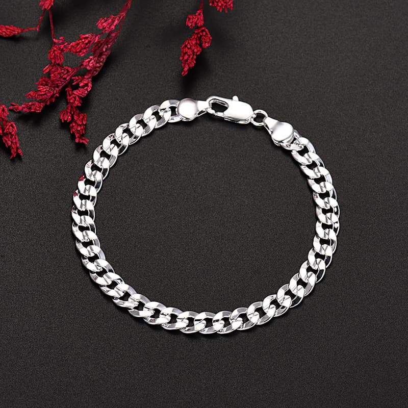 Jewelry Copper Silver Plated Men's And Women's 7MM Side Concave Carved Bracelet Cuban Chain