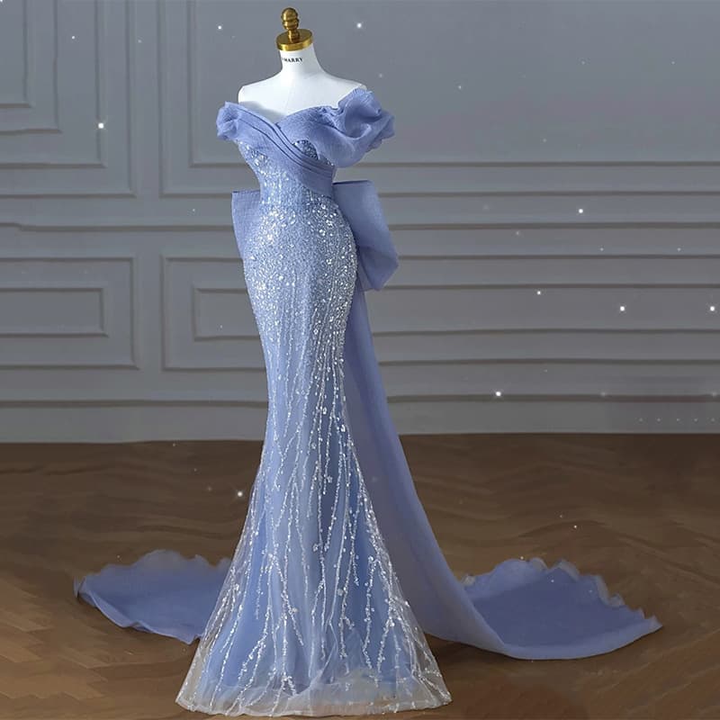 ​​Elegant Fishtail Evening Gown – Haze Blue Beaded Halter Neck Dress For Galas & Special Occasions (XS-XXXL)​​