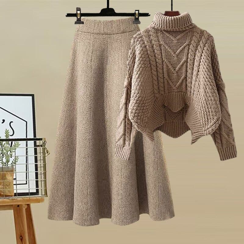 Ensemble deux pièces pour femme : pull à col roulé en maille et jupe amincissante. Collection automne-hiver.