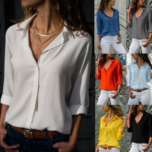 Women's Clothing Hot Sale Long Sleeved Ladies Lapel Button Down Shirt Top 88025