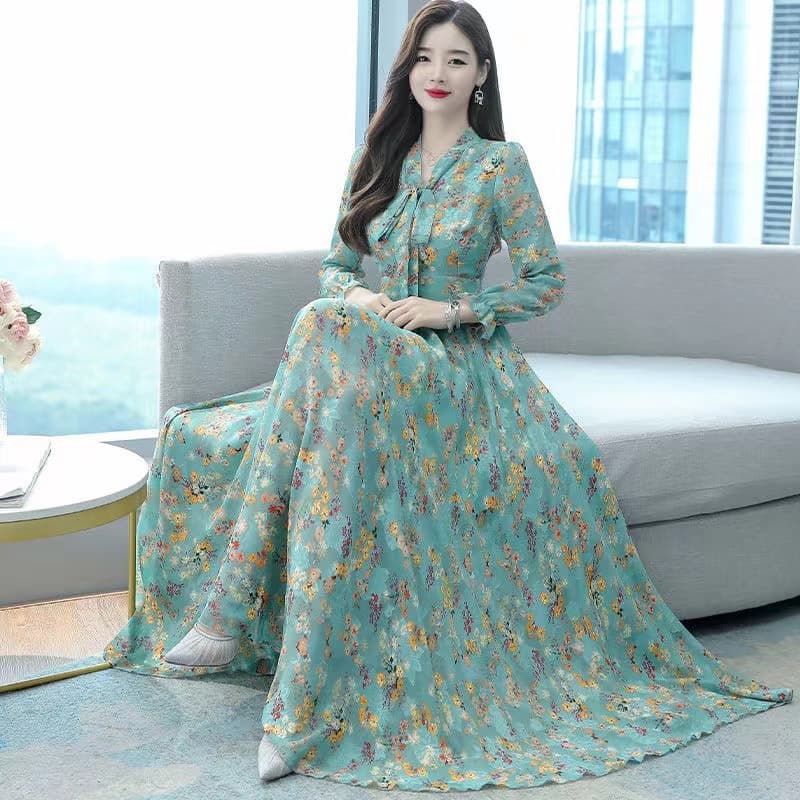 New Arrival Ladies Chiffon Sleeve Maxi Women Flower Print Casual Elegant Long Dress
