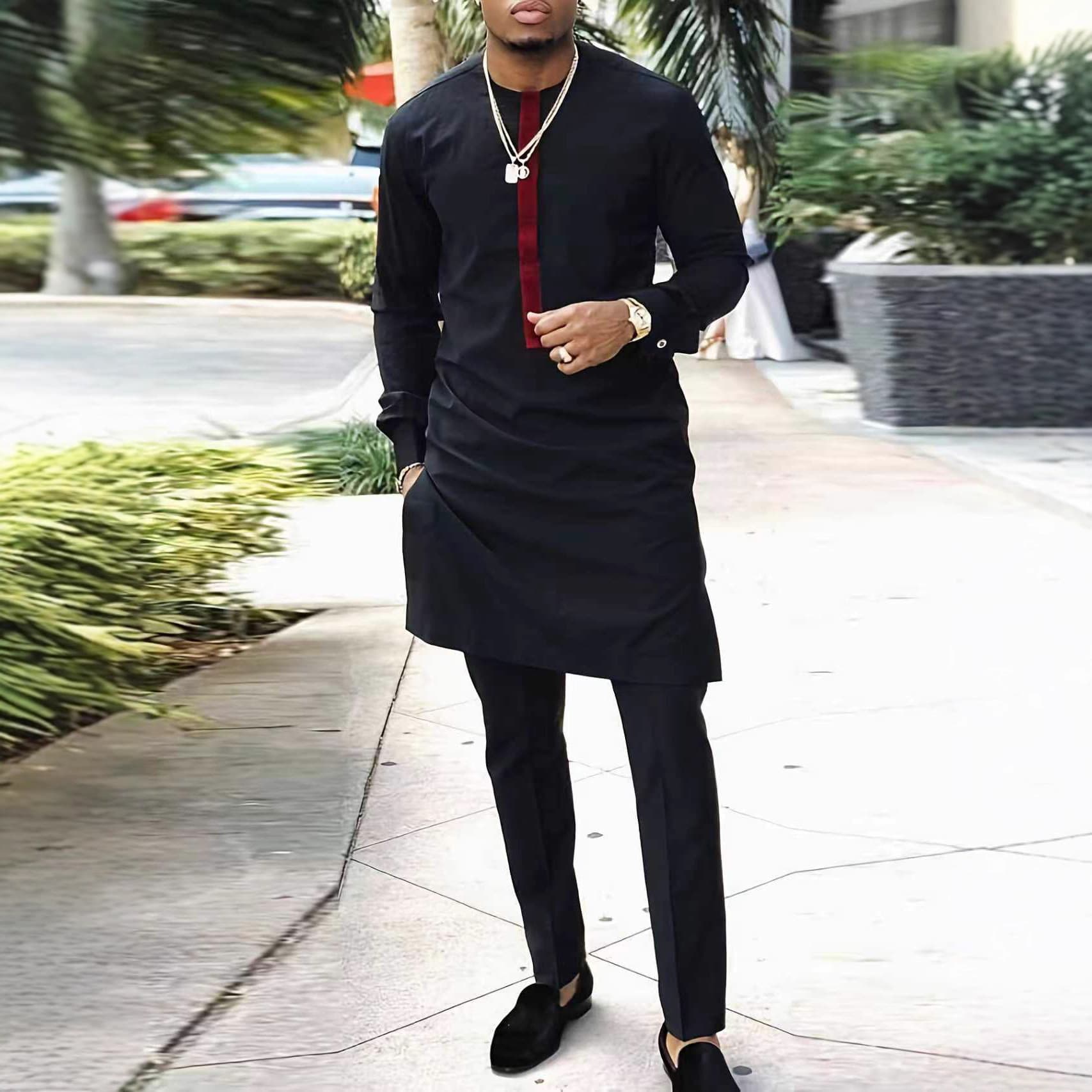 Costume noir africain décontracté brodé pour homme, manches longues, idéal pour les mariages et les banquets.