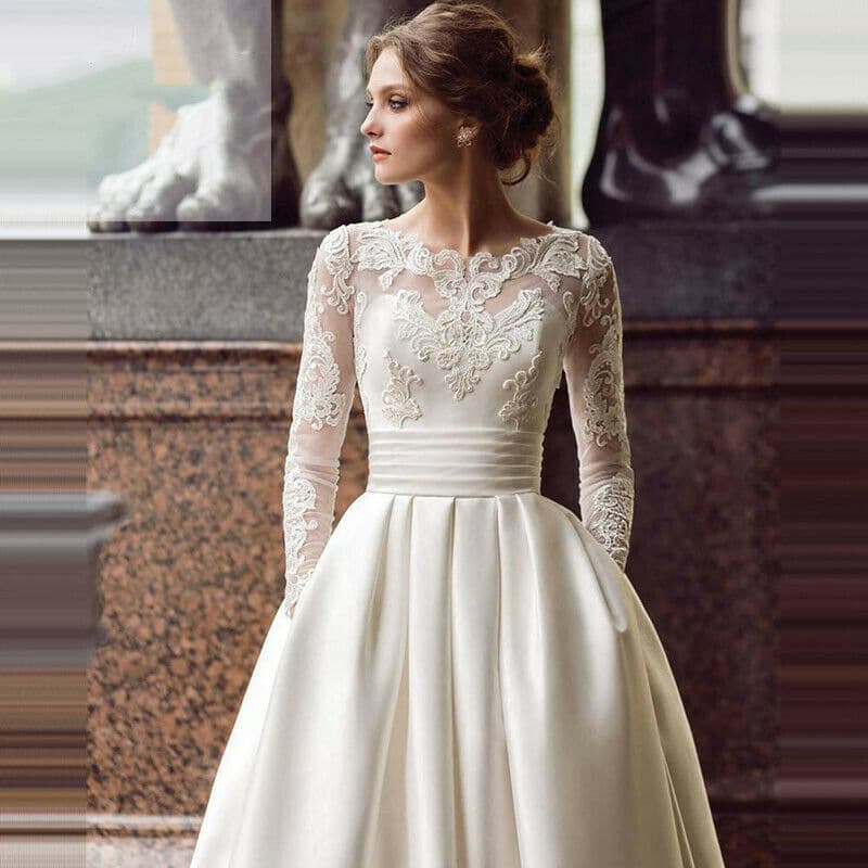 women's new wedding dress round neck lace long sleeves satin slimming can be customized in large sizes