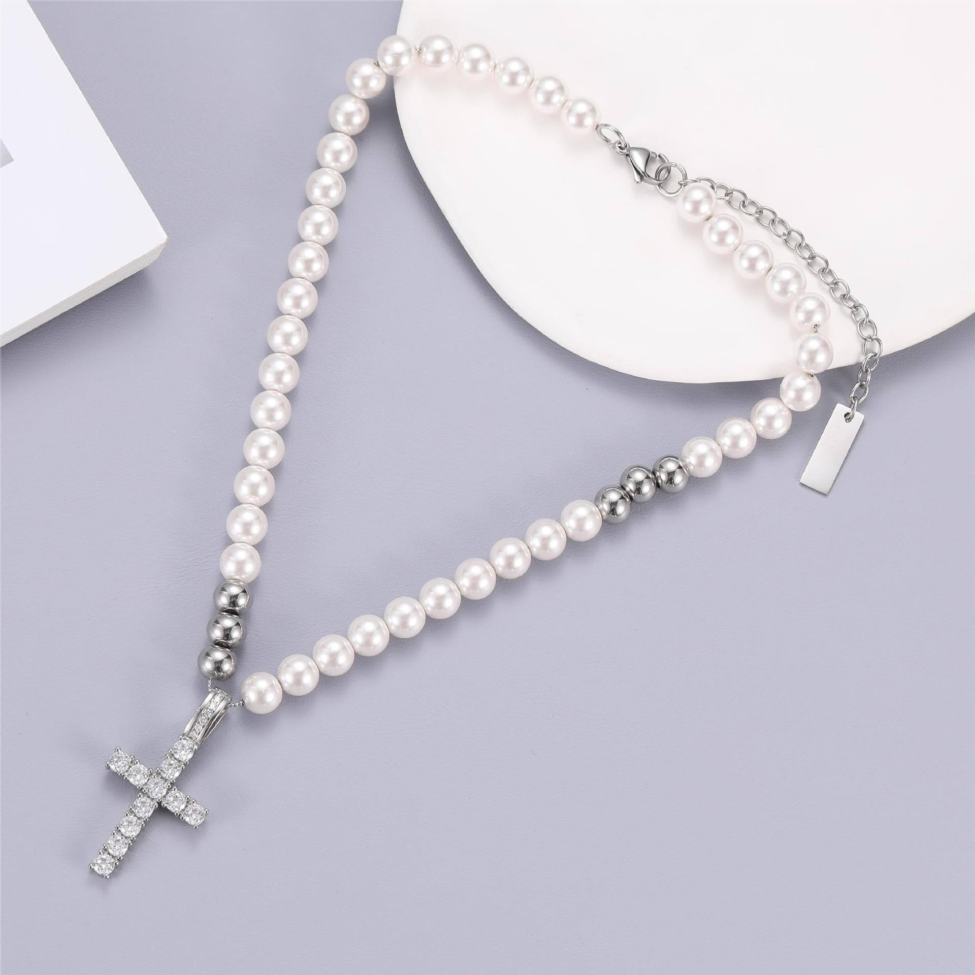 Simple Fashion Pendant Cross Pendant Inlaid With Diamonds Without Fading Titanium Steel Necklace Female Personality Pearl Jewelry Summer