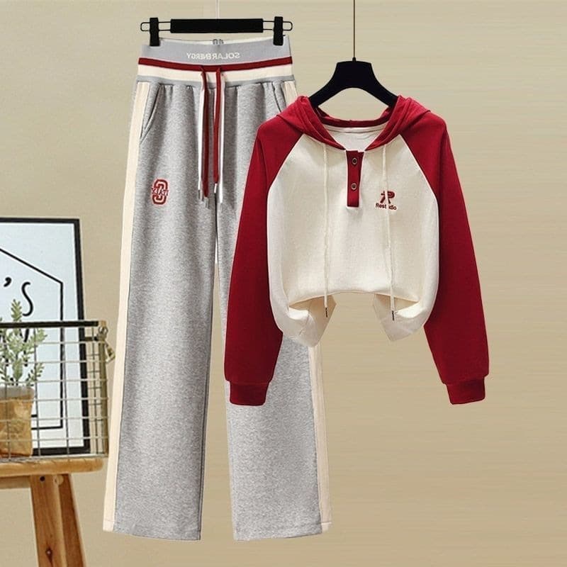 Women's Clothing Small Autumn New Two Piece Suit For Women With Hooded Contrast Color Long Sleeved Sweatshirt Stitching Trendy Sports Casual Pants