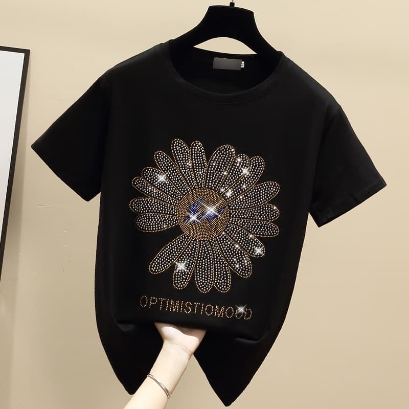 Women's Clothing Combed cotton ins heavy industry hot diamond loose t shirt women's short sleeves summer Internet celebrity Daisy large version sun
