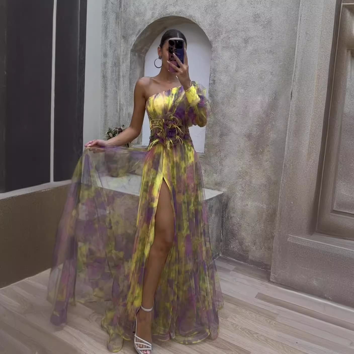 Women's Clothing Sexy Oblique Shoulder One Shoulder Long Sleeve Floral Gauze Dress Long Skirt High End Large Swing Floral