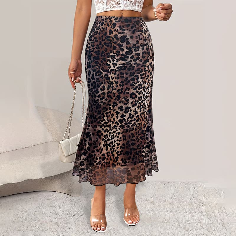 Sexy Leopard Print Mesh Mermaid Skirt – Stretchy & Sheer Long Skirt For Women, Coffee Brown