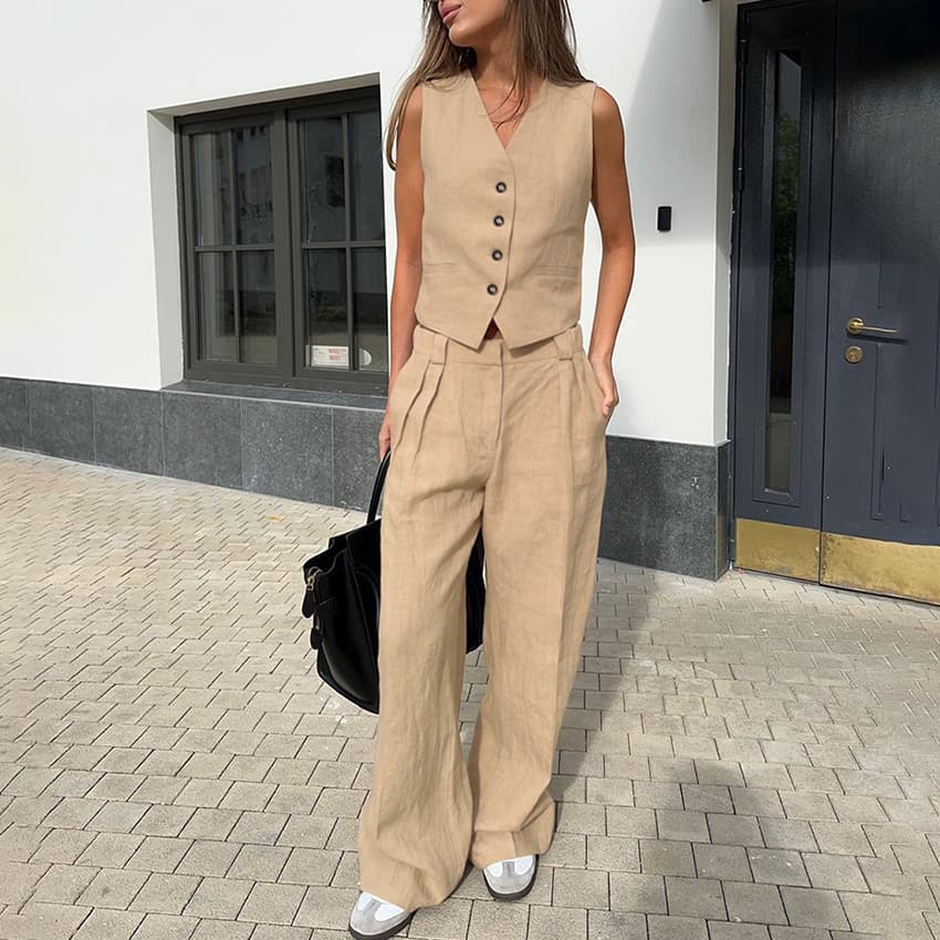 European And American Commuter Khaki Suit Vest Trousers Two Piece Suit Women's Clothing Fashion Cotton And Linen Suit