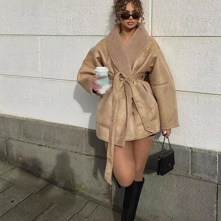 Women's Clothing autumn and winter new fashion cashmere leather fur collar composite belt jacket