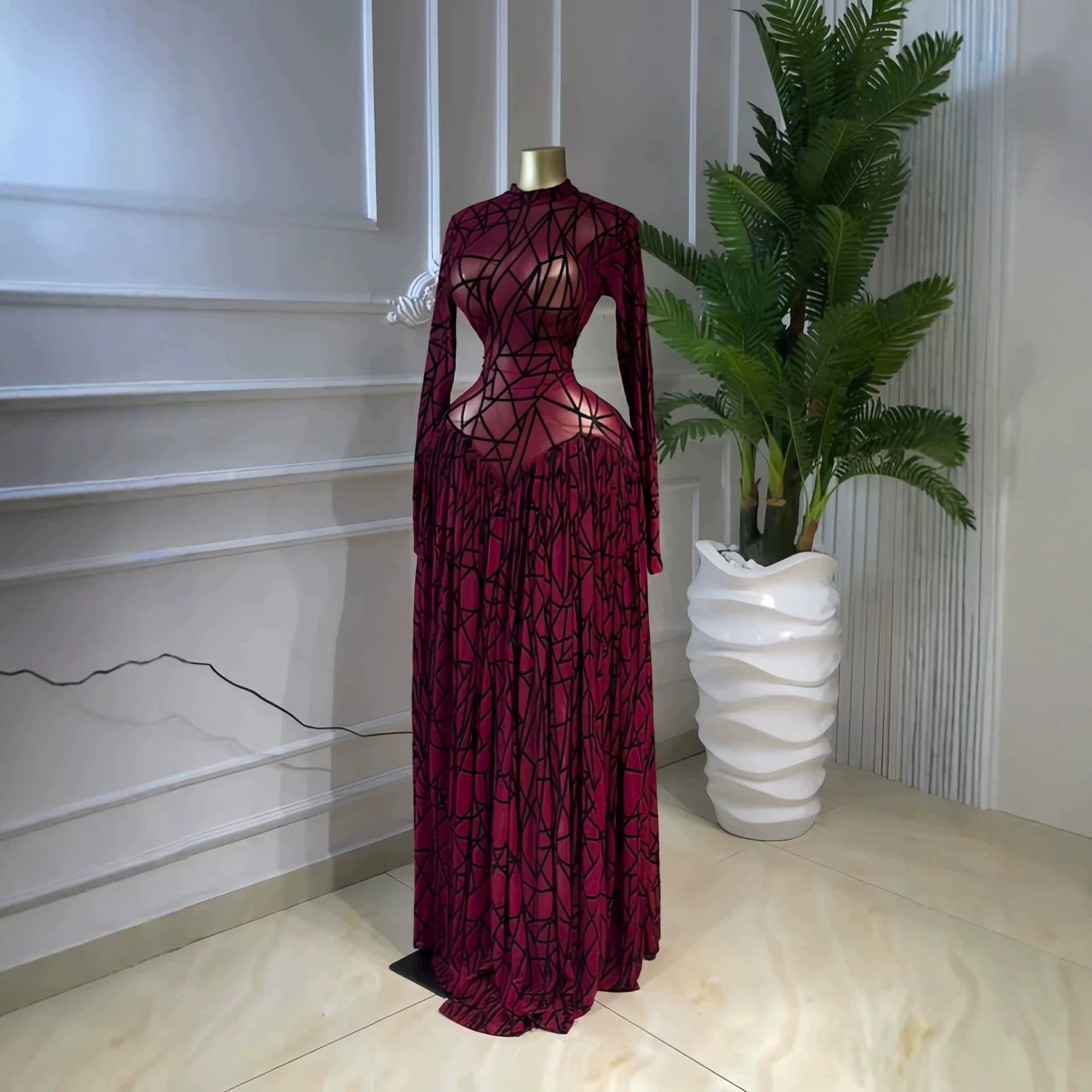 Slimming Round Neck Long Sleeve Printed Dress New Arrival INS American Fashion Women's Long Dress