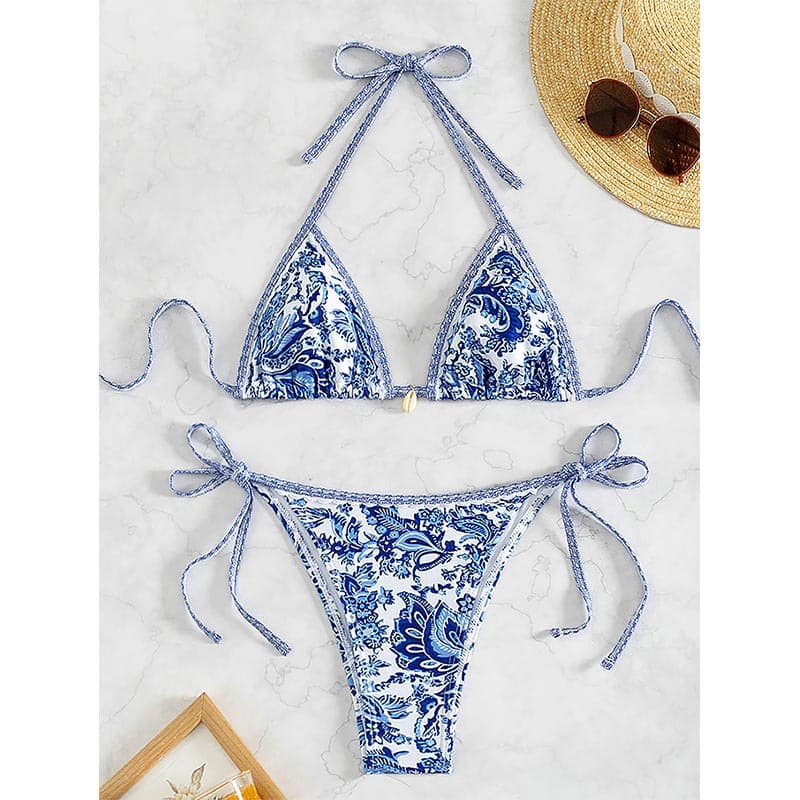 Women's Clothing Printed Triangle Cup Pendant Sexy Bikini Swimsuit