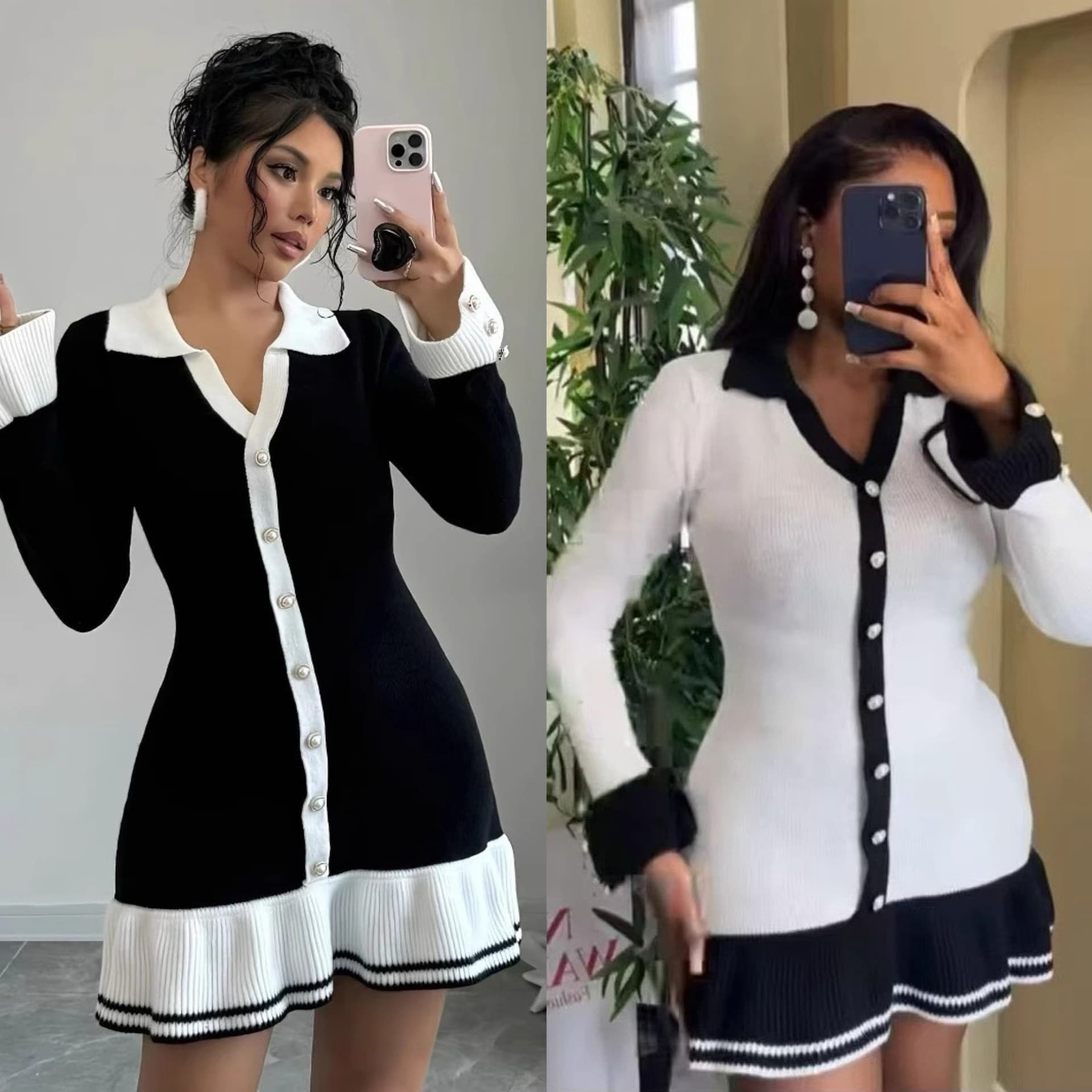 Women's Clothing Slim V Neck Long Sleeve Ruffle Knitted Elegant V-Neck Long Sleeve Ruffle Hem Knit Dress - Flowy & Feminine For Casual & Office Wear​