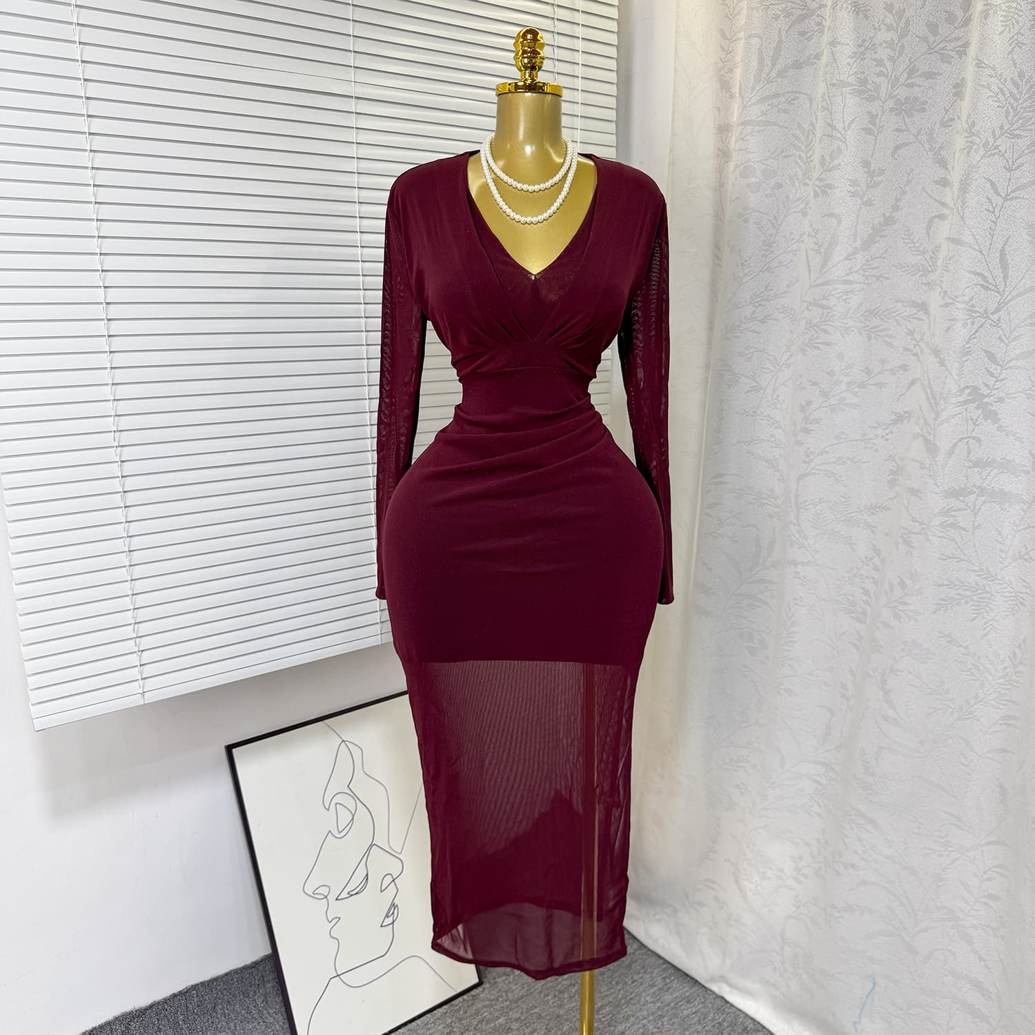 Women's Slim Fit V Neck Dress Stretch Mesh Mid Length Solid Color European American Style Cross Border Fashion Spring Autumn New