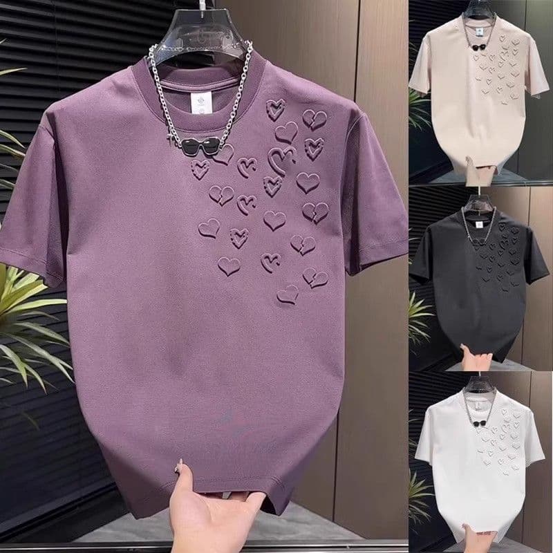 Summer New Men's Three-dimensional Love Printing Short-sleeved T-shirt Couple Trend T-shirt Solid Color Casual Heavy Industry Half-sleeve