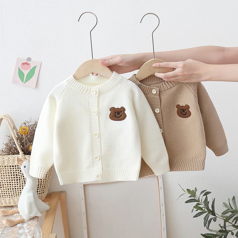 Cartoon Bear Knit Cardigan – Soft Cotton Sweater Coat For Boys & Girls – Lightweight Spring/Autumn Layering