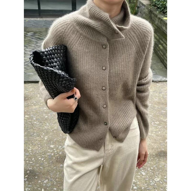 "Elegant High-Neck Knit Cardigan For Women - Cozy Oversized Pullover With Single-Button Closure, Soft Ribbed Texture In Beige, Cream & Black"