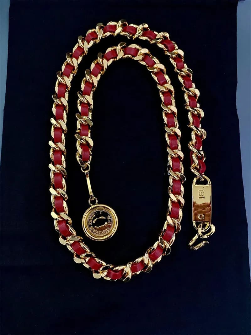 Designer Vintage Belts Gold Red Leather Rope Chain for Women Letter Dress Waistband Copper Adjustable Lady High Quality