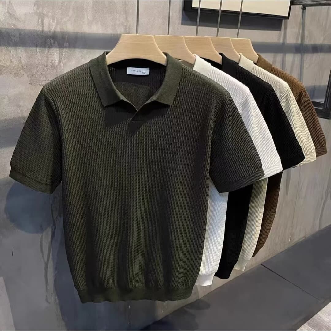 Men's Clothing Summer Men's Handsome Small V Neck Solid Color Knitted Polo Shirt Slim Version Short Sleeved T Shirt Casual Top